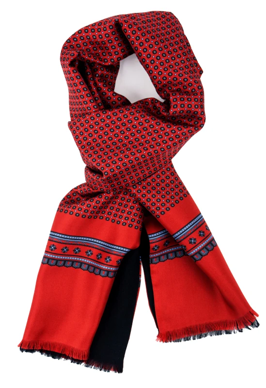 Handmade red silk scarf with graphite geometric flowers and blue polka dots