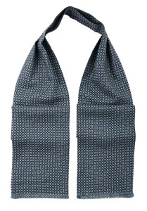 Dark navy blue silk ascot with white circles and blue diamonds pattern