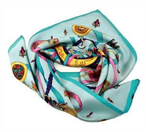 Turquoise silk scarf with classic jewelry pattern