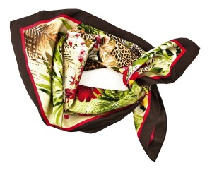 Colorful silk scarf with jaguars and exotic flowers