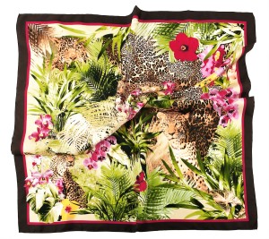 Colorful silk scarf with jaguars and exotic flowers