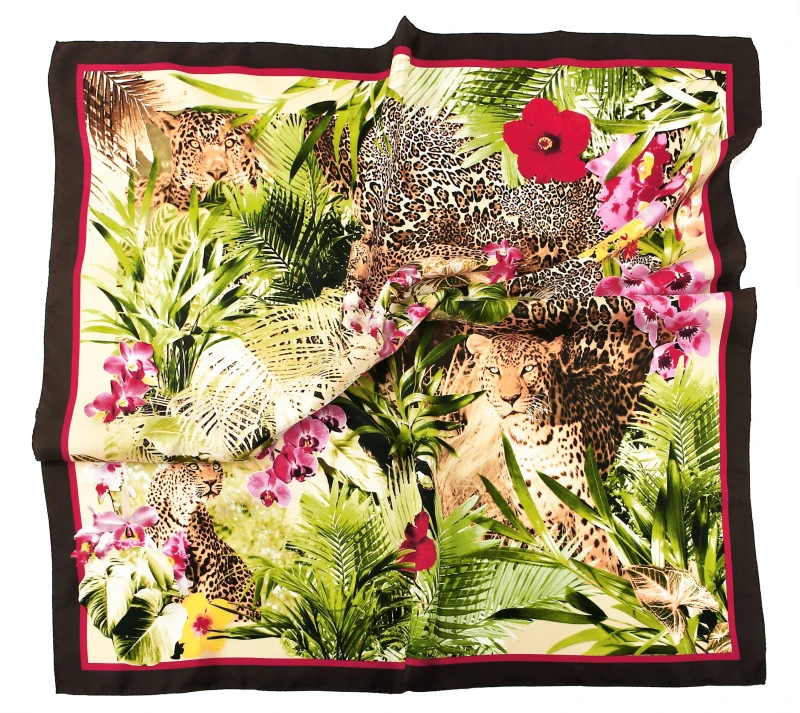 Colorful silk scarf with jaguars and exotic flowers