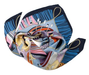 Dark navy blue silk scarf with a colorful sea pattern