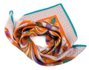 Orange silk scarf with a colorful pattern