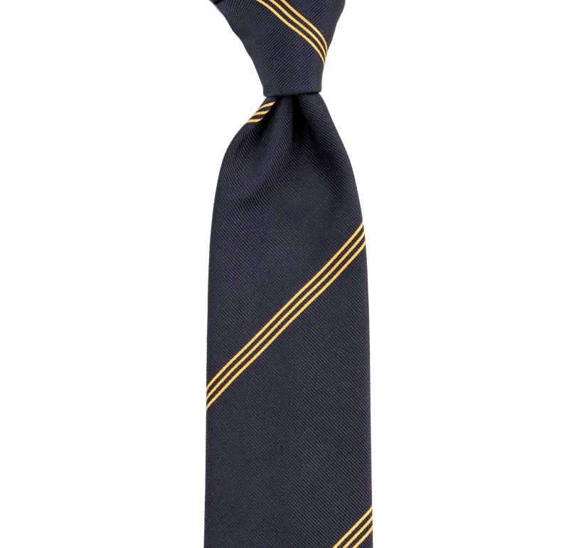 Dark navy blue silk tie with golden stripes