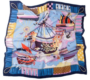 Dark navy blue silk scarf with a colorful sea pattern