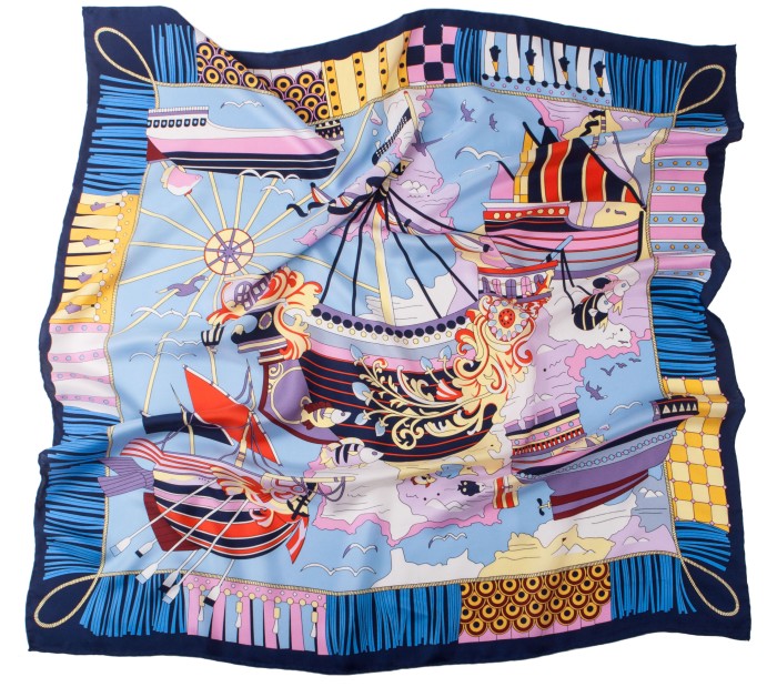 Dark navy blue silk scarf with a colorful sea pattern