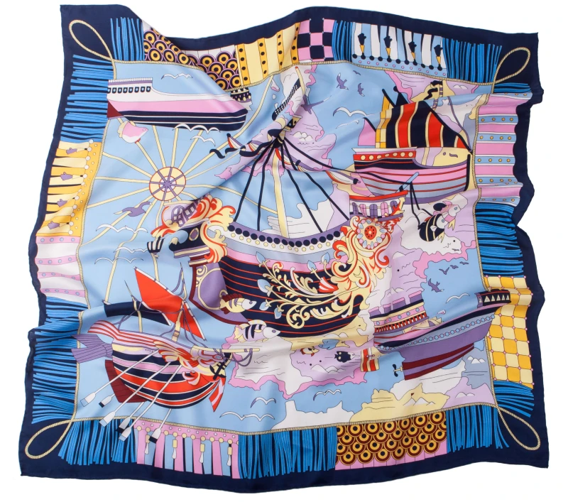 Dark navy blue silk scarf with a colorful sea pattern