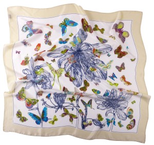 White silk scarf with colorful butterflies with a cream-colored frame