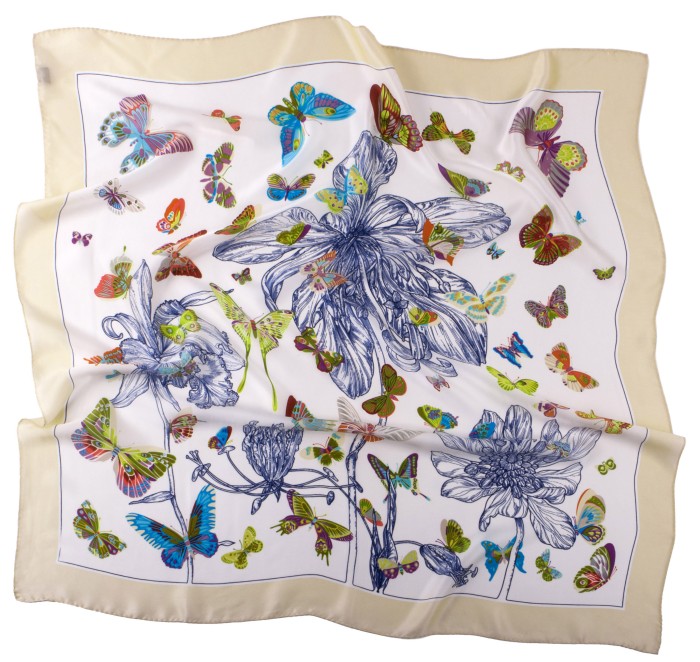 White silk scarf with colorful butterflies with a cream-colored frame