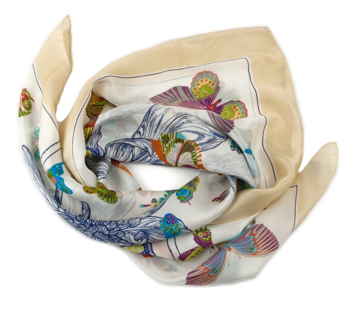 White silk scarf with colorful butterflies with a cream-colored frame